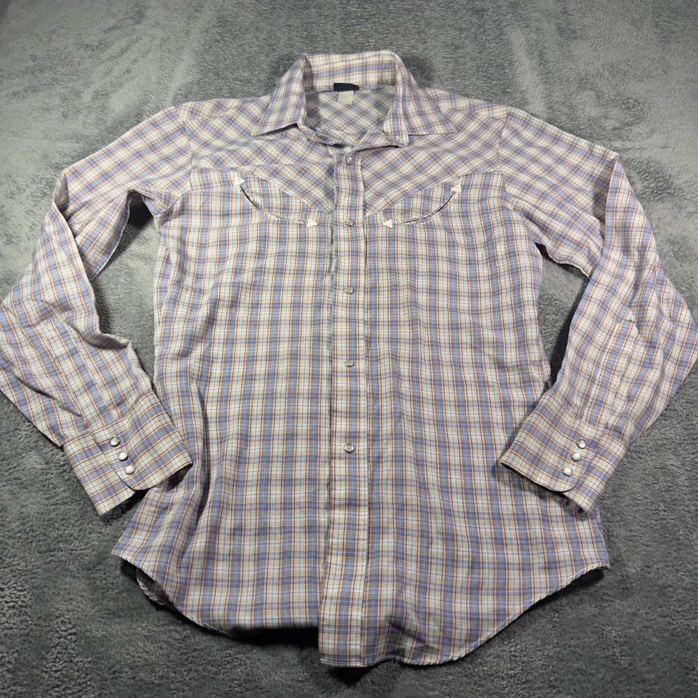 Levis Mens Vintage Western Pearl Snap Plaid Shirt Blue Tan Smile Pockets Size M